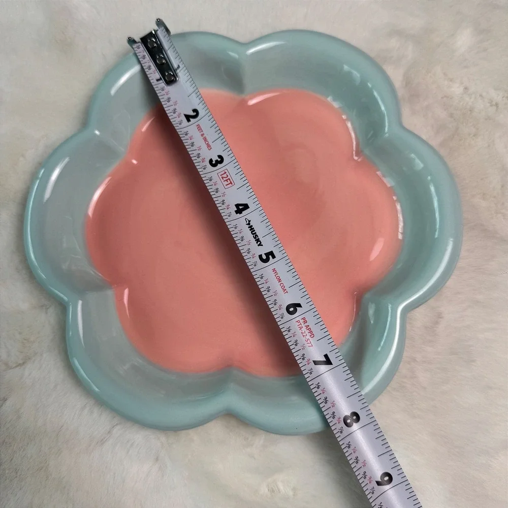 New Large Pink Blue Flower Ceramic Trinket Dish Scalloped‎ Jewelry Tray